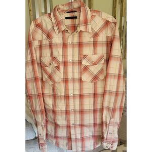 Vintage Twentyone Men Western Shirt Pearlized Snap Down Plaid Sz L 100% Cotton